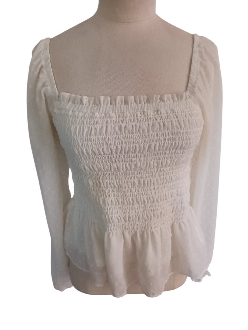 Moa Moa White Long Sleeved Smocked Peplum Blouse Square Neckline Size S EUC